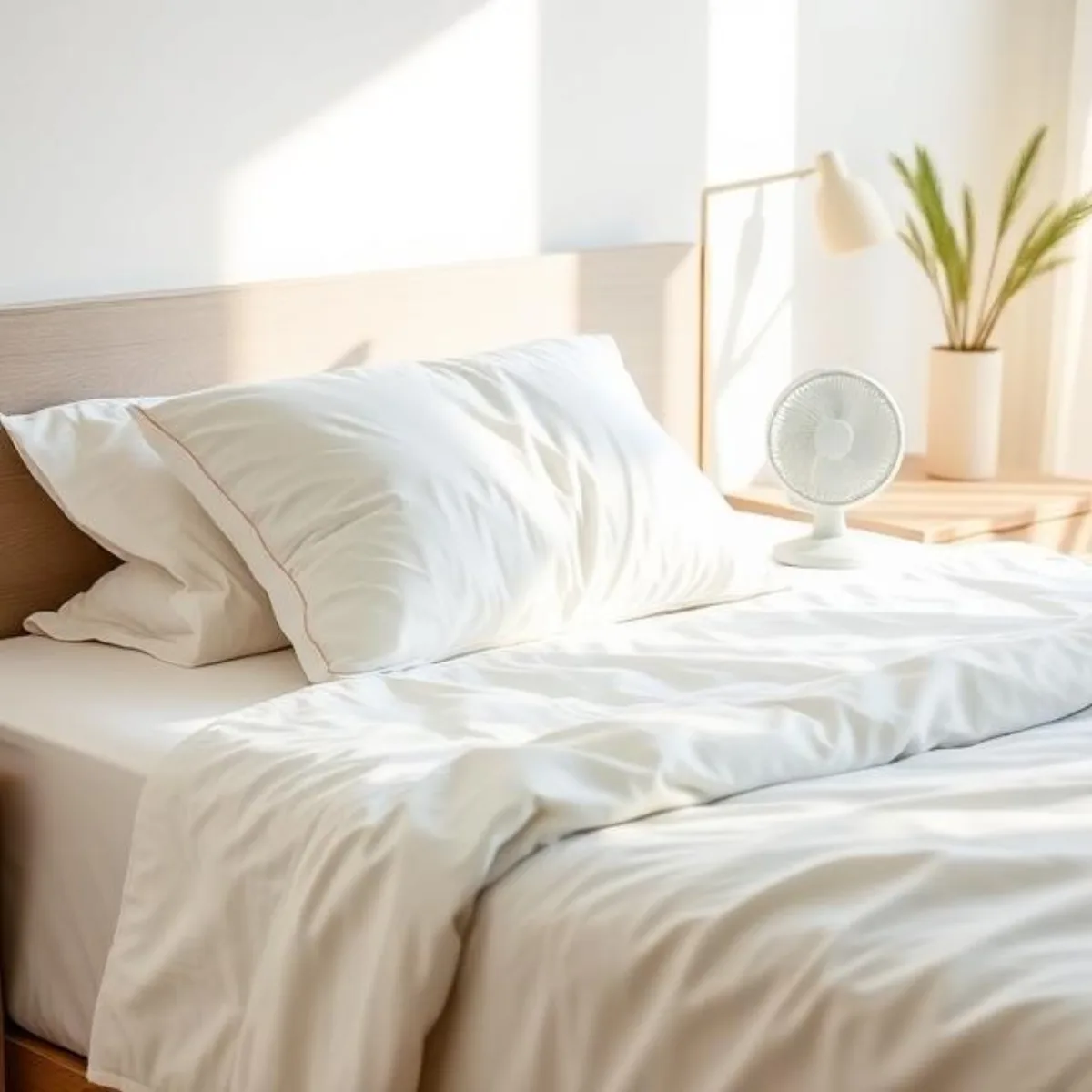 A bright, breezy bedroom with white bedding and a bedside cooling fan