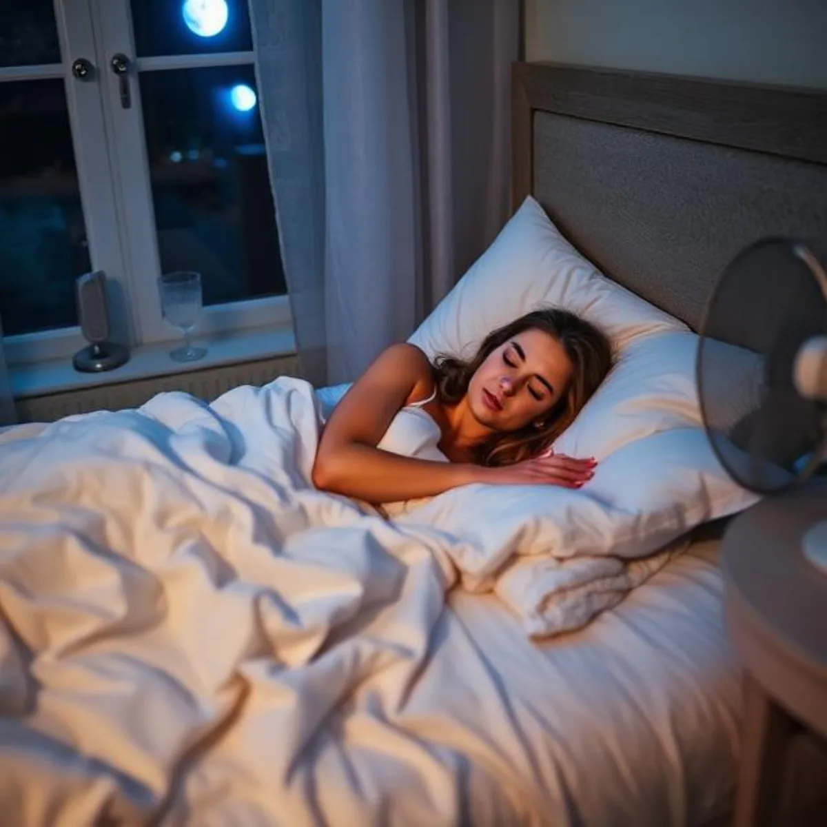 A woman sleeping with a bedside fan during a warm night
