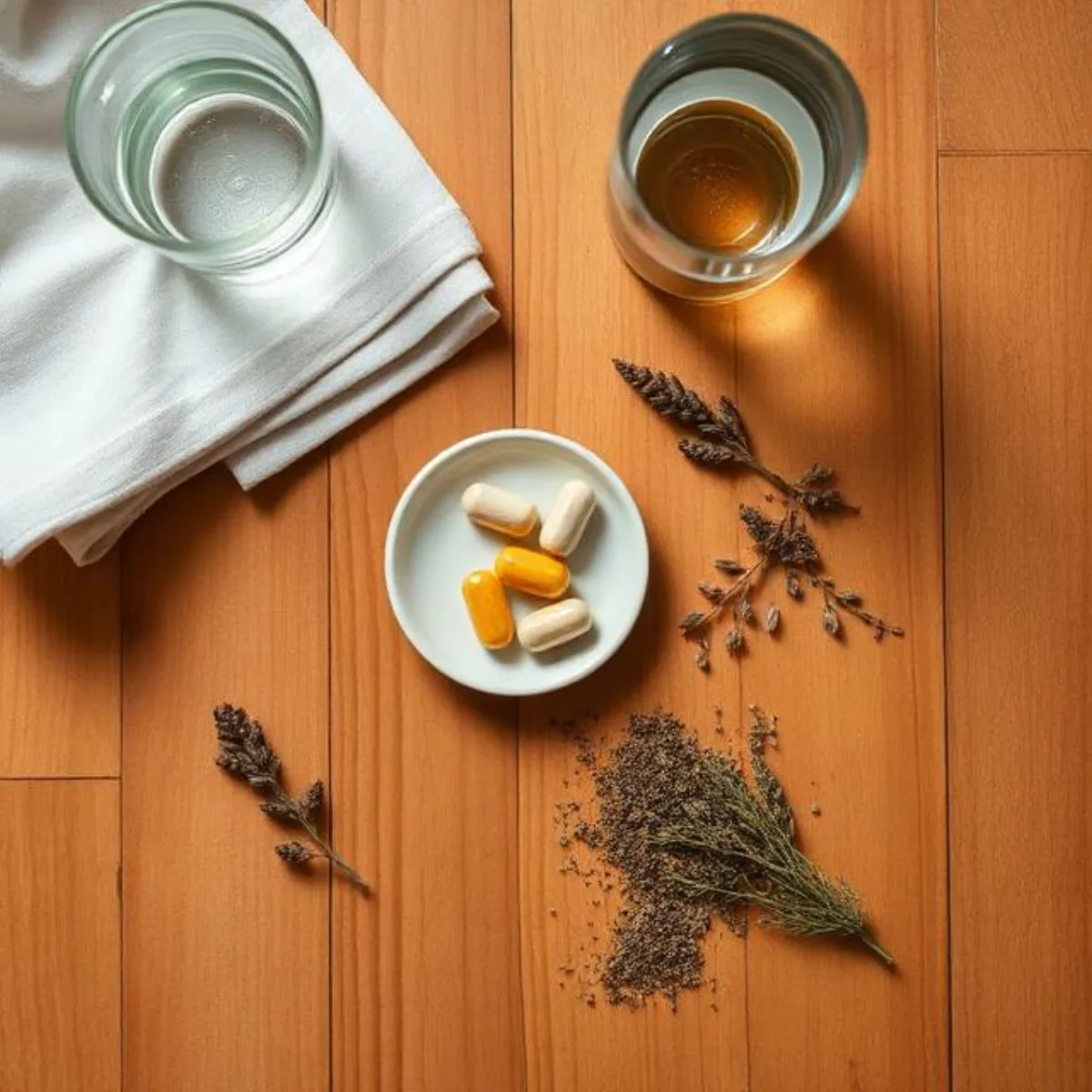 Supplements, water, and dried herbs on a warm wood table
